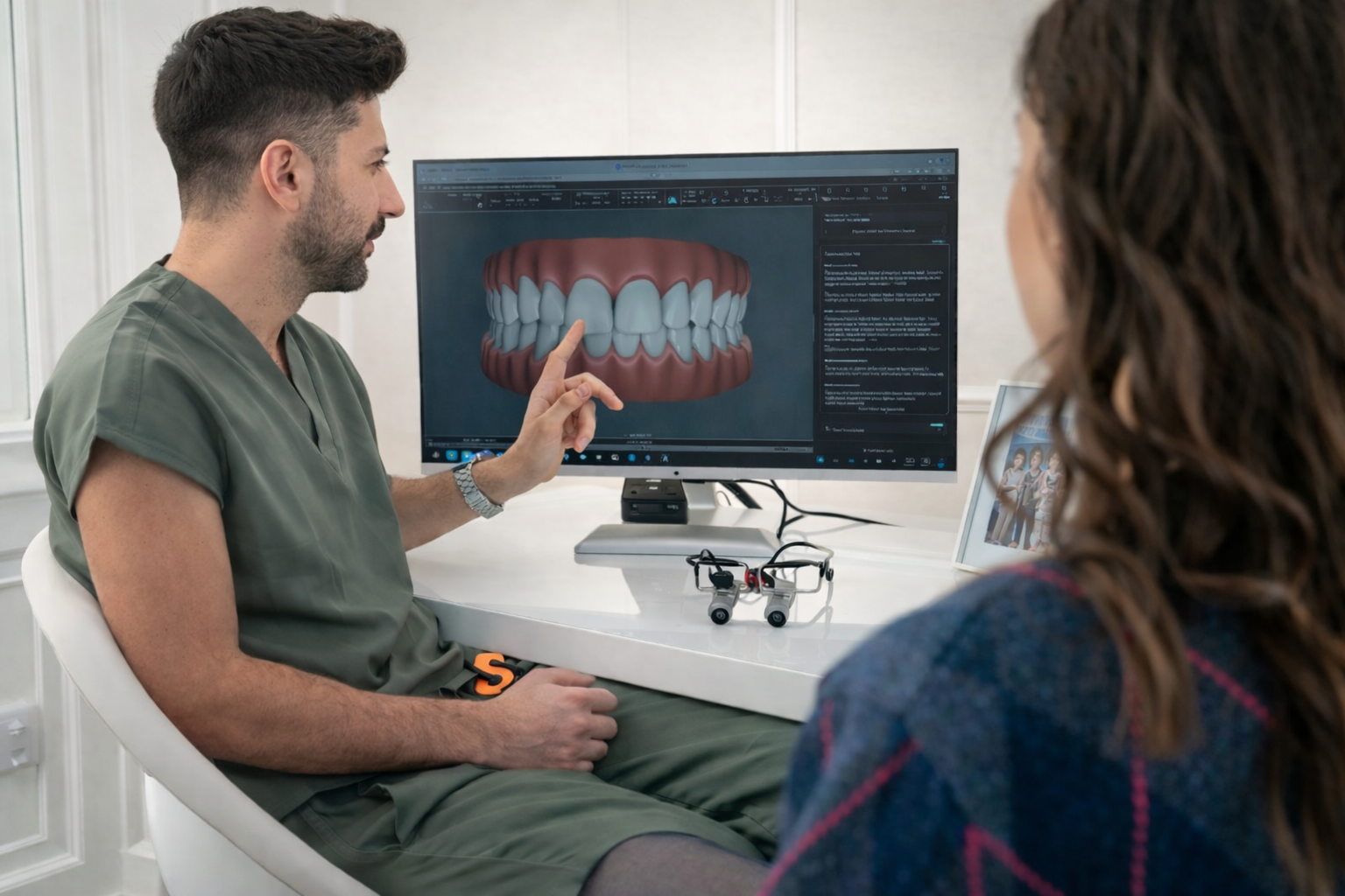 A dentist explains a 3D dental model to a patient during a consultation in Edinburgh.
